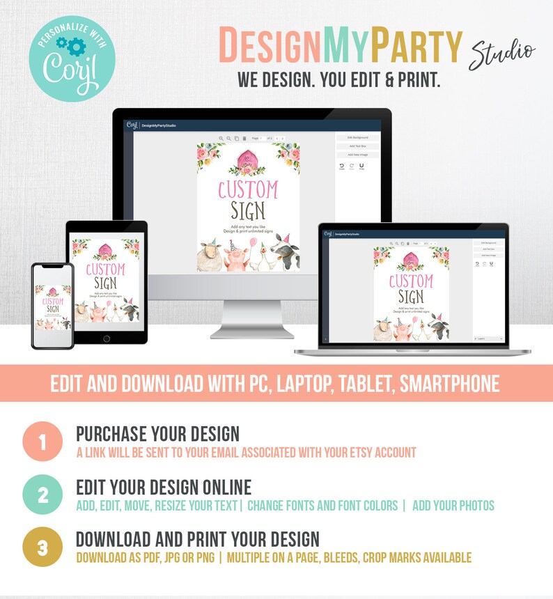 May include: A digital mockup of a customizable sign with a pink and white floral design. The sign features a farmhouse theme with a pig, sheep, and chicken. The text on the sign reads "Custom Sign". The image also shows a computer screen, tablet, and smartphone, indicating that the sign can be edited and downloaded digitally.