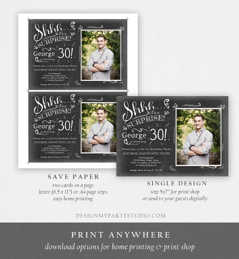 Editable ANY AGE Surprise Birthday Invitation Chalk Rustic Adult 30th Thirty Vintage Party Photo Shhh Download Printable Corjl Template 0102 image 5