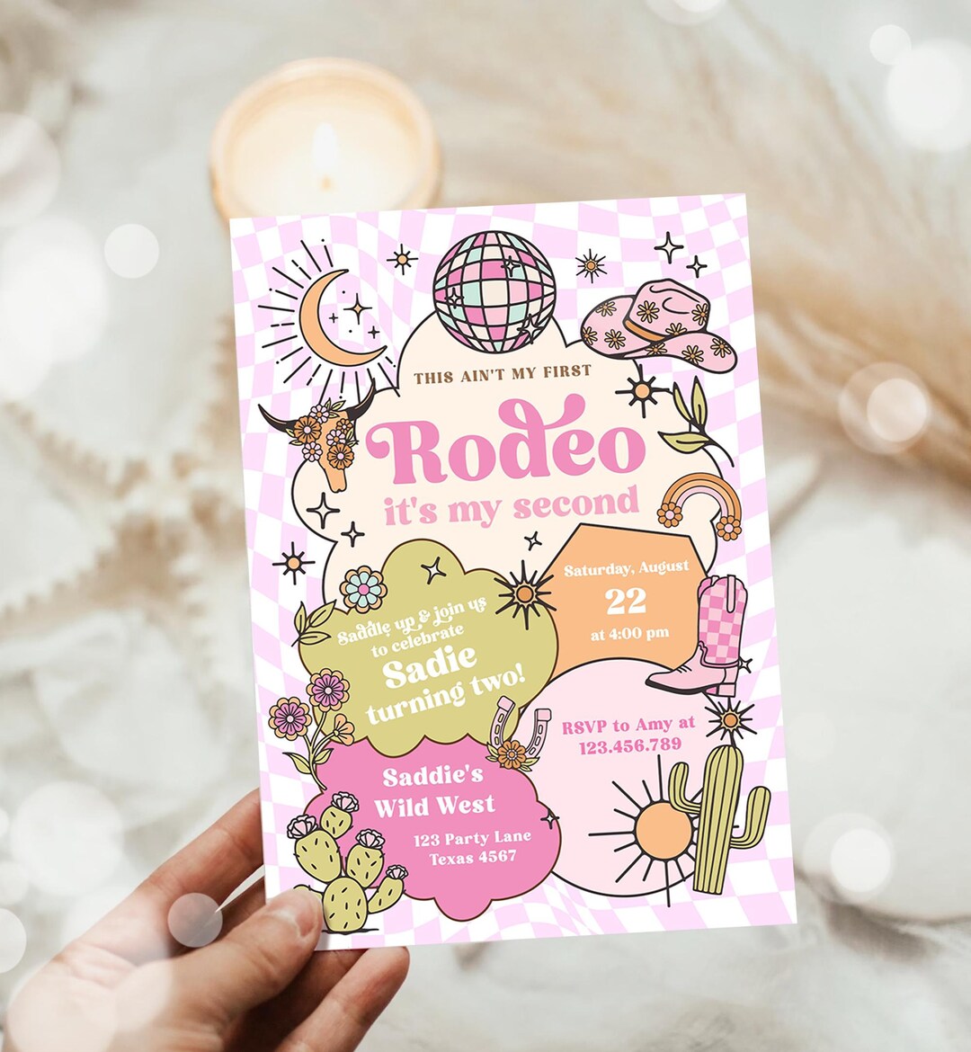 Editable Second Rodeo Birthday Invitation Space Cowgirl Disco 2nd Rodeo ...