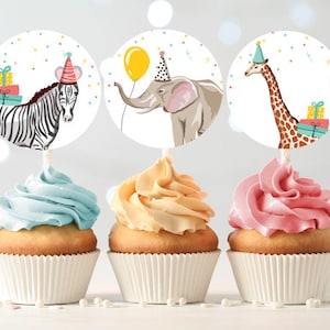 Party Animals Cupcake Toppers Favor Tags Birthday Party Decoration Safari Animals Zoo Birthday Wild One download Digital PRINTABLE 0142
