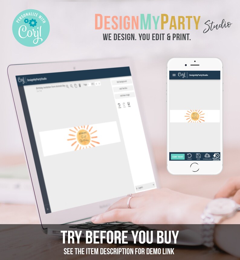 Puede incluir: Una pantalla de computadora port&aacute;til que muestra un sitio web con un dise&ntilde;o de banner que presenta un sol amarillo con el texto "Bienvenido a mi 1er cumplea&ntilde;os". El sitio web se llama "DesignMyParty Studio" y el texto "Dise&ntilde;amos. Usted edita e imprime." se muestra debajo del nombre del sitio web.