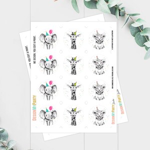 May include: A sheet of printable stickers featuring a black and white illustration of an elephant, giraffe, and lion wearing party hats. The stickers are designed for personal use only.