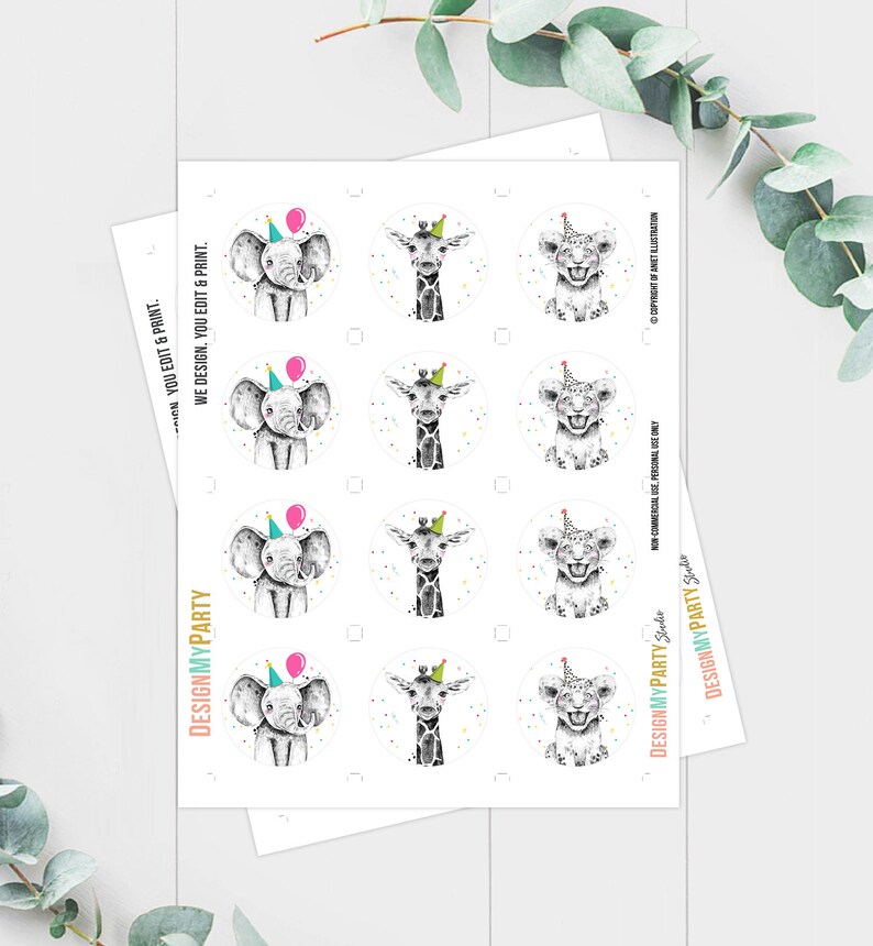 May include: A sheet of printable stickers featuring a black and white illustration of an elephant, giraffe, and lion wearing party hats. The stickers are designed for personal use only.