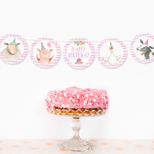 Farm Animals Birthday Banner Barnyard Birthday Garland Girl Birthday Decor Party Decorations Cow Pig Sheep Banner DIY PRINTABLE Digital 0155