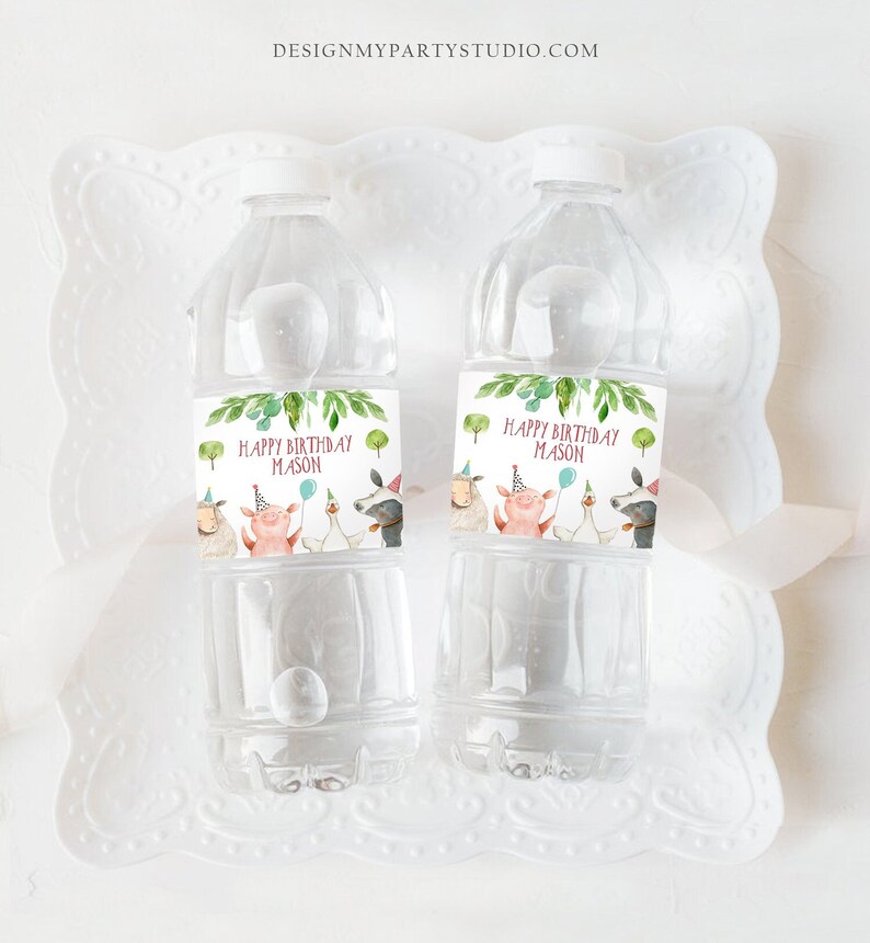 May include: Two clear plastic water bottles with labels that say "Happy Birthday Mason" and feature a watercolor illustration of farm animals. The labels have a green leafy border and a pink background.