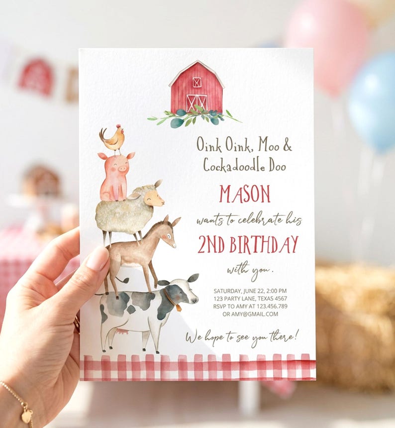 Printable farm animals birthday invitation for boys featuring illustrated barn, cow, pig, chicken, and tractor in warm rustic colors with editable text fields for party details.