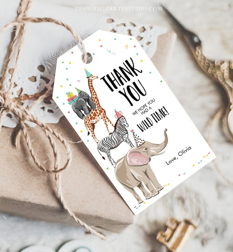 Editable Party Animals Favor Tags Safari Party Animals Wild One Thank You Tag Birthday Wild Time Gift Tag Corjl Template Printable 0142