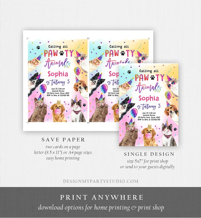 Editable Cats and Dogs Birthday Invitation Pawty Birthday Party Invite ...