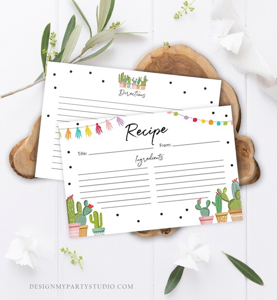 Editable Fiesta Cactus Recipe Cards Fiesta Bridal Shower Baby Succulent Mexican Double Sided 4x6 Download Corjl Template Printable 0254 Il_570xn