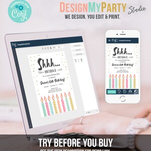 May include: A computer screen displaying a birthday invitation design template with a colourful candle graphic and the text "Shhh... Don't Blow It! It's a surprise birthday party to celebrate Emma's 6th Birthday!" The design is customisable and can be edited using a mobile app.