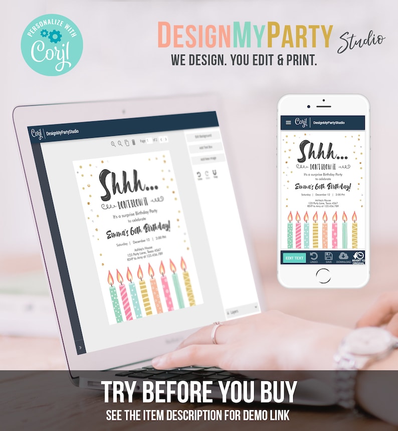 May include: A computer screen displaying a birthday invitation design template with a colourful candle graphic and the text "Shhh... Don't Blow It! It's a surprise birthday party to celebrate Emma's 6th Birthday!" The design is customisable and can be edited using a mobile app.