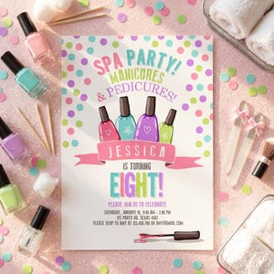 Pink and purple spa birthday invitation template featuring nail polish bottles, manicure graphics, and sparkly accents with editable text fields for party details