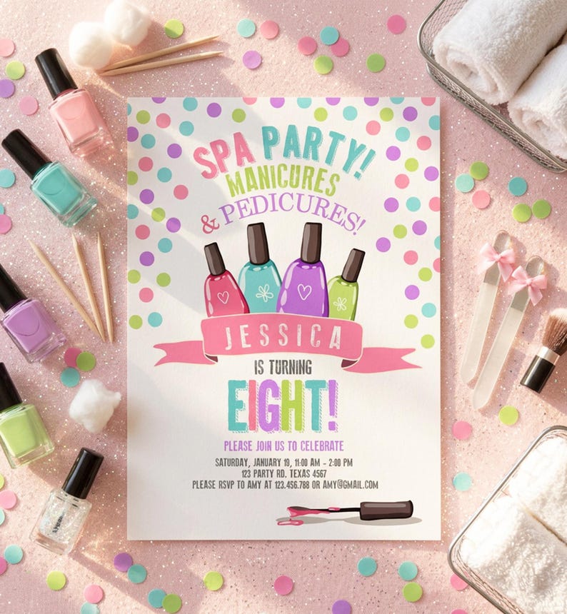 Pink and purple spa birthday invitation template featuring nail polish bottles, manicure graphics, and sparkly accents with editable text fields for party details