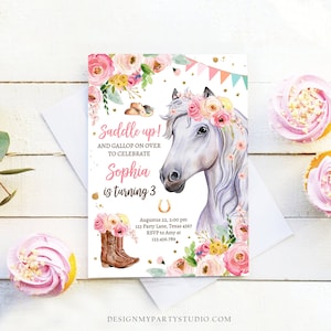 May include: A pink and white horse birthday party invitation with a watercolor illustration of a horse wearing a floral crown. The text reads "Saddle up! And gallop on over to celebrate Sophia is turning 3".