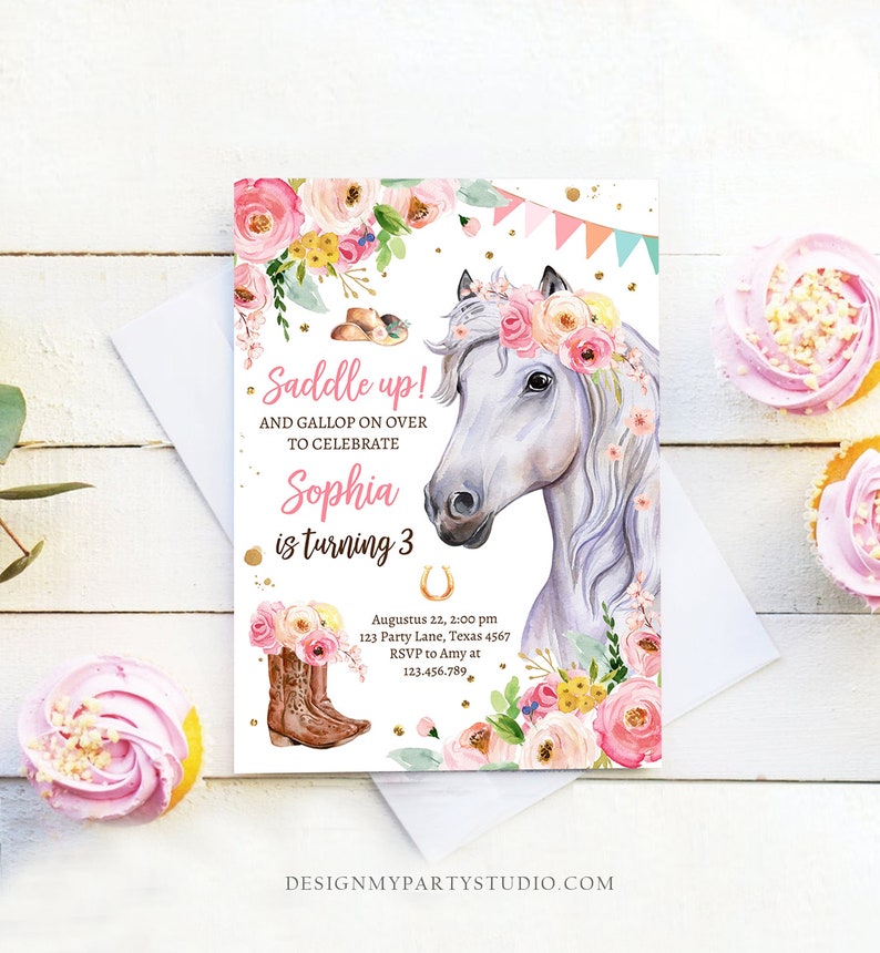 Editable Horse Birthday Invitation Girl Saddle up Watercolor Etsy