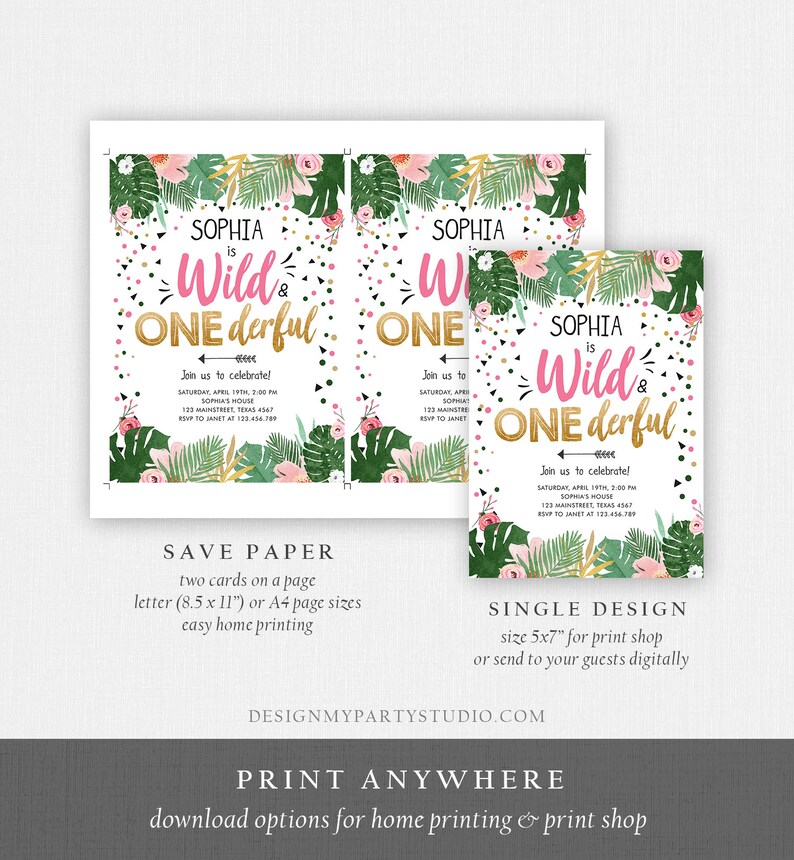 Editable Wild and Onederful Birthday Invitation Girl Wild One Safari Tropical Pink Gold Jungle First Birthday Corjl Template Printable 0332 image 6