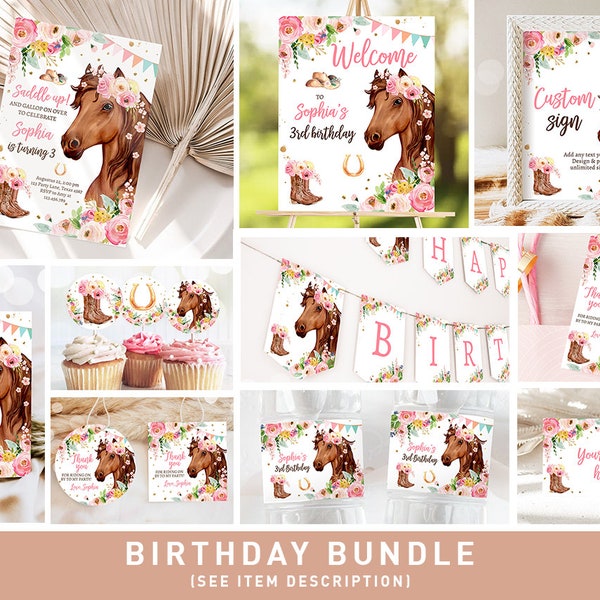 Horse Birthday Invitation Bundle Horse Party Invite Pony Birthday Saddle Up Floral Horse Girl 1st Birthday Printable Corjl Template 0408