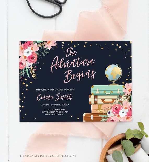 Editable The Adventure Begins Baby Shower Invitation Pink Floral Gold Navy Blue Confetti Suitcases Travel Around World Corjl Template 0030 Il_570xn