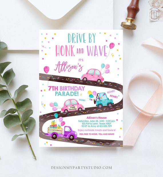 Editable Drive By Birthday Parade Invitation Virtual Party Invite Honk Wave Car Girl Pink Quarantine Instant Download Digital Corjl 0333 Il_570xn
