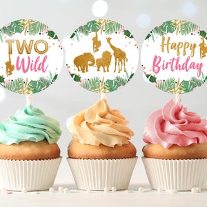 Two Wild Cupcake Toppers Favor Tags Birthday Party Decoration Girl Stickers Safari Animals Party Animals Digital Download PRINTABLE 0016