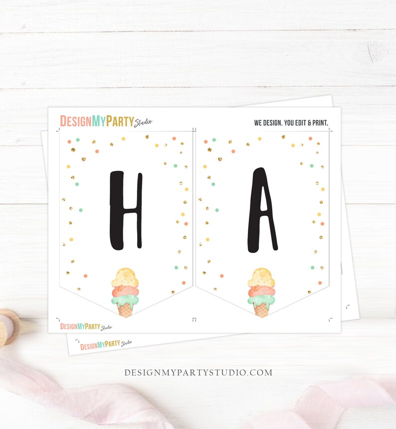 Whaline Pastel Happy Birthday Banner – Ice Cream Theme Hanging Garland With Gold Edges - View #6