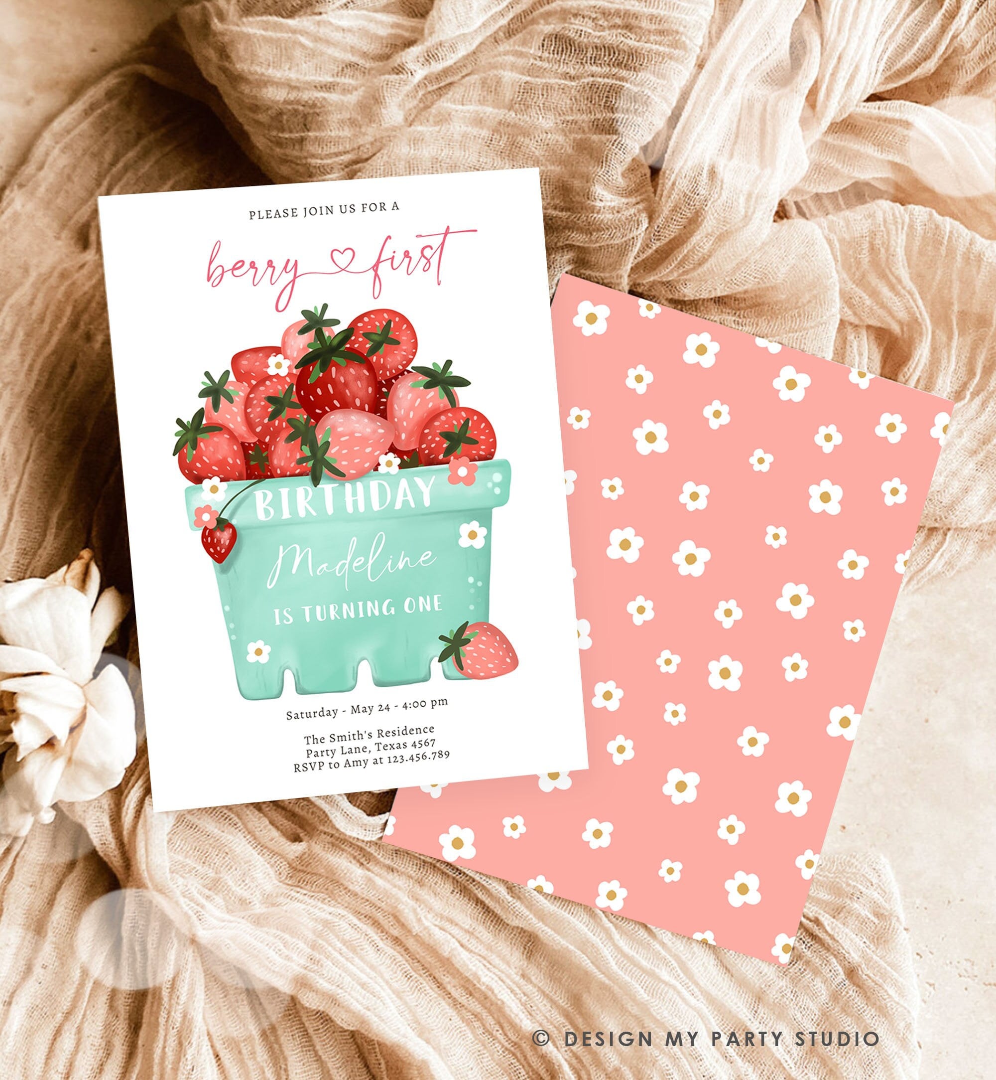Editable Strawberry Birthday Invitation First Birthday Berry Sweet Girl ...