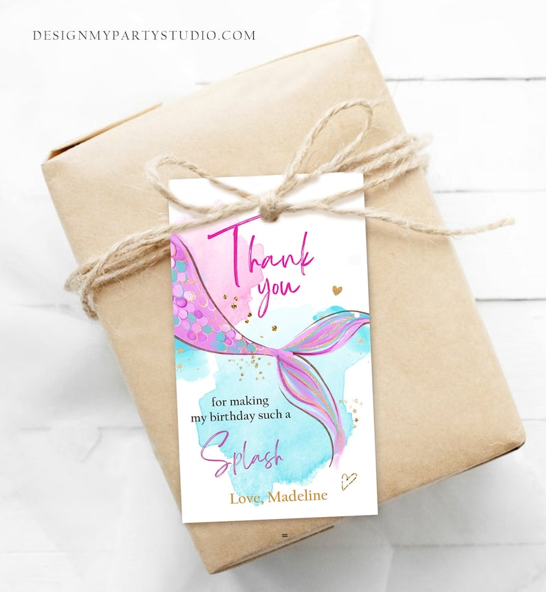 Editable Mermaid Birthday Favor Tags Under The Sea Thank you tags Mermaid Party Girl Pink Purple Gold Download Template Corjl PRINTABLE 0403 image 2
