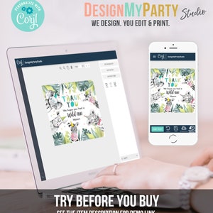 May include: A computer screen displaying a thank you card template with a jungle animal theme. The card says "Thank You" and "We hope you had a Wild Time!" with the name "Mason". The screen is on a laptop computer with a hand on the keyboard. The text "TRY BEFORE YOU BUY" is at the bottom of the image.
