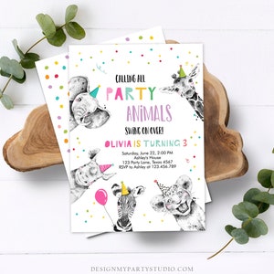 May include: A colorful party invitation with a white background and confetti. The invitation features a cartoon giraffe, elephant, rhino, zebra, and lion. The text reads "Calling all Party Animals Swing on Over! Olivia is turning 3. Saturday, June 22, 2:00 PM Ashley's House 123 Party Lane, Texas 4567 RSVP to Ashley at 123.456.789".