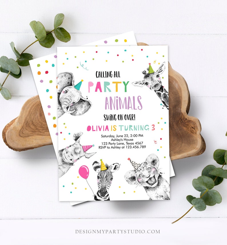 May include: A colorful party invitation with a white background and confetti. The invitation features a cartoon giraffe, elephant, rhino, zebra, and lion. The text reads "Calling all Party Animals Swing on Over! Olivia is turning 3. Saturday, June 22, 2:00 PM Ashley's House 123 Party Lane, Texas 4567 RSVP to Ashley at 123.456.789".