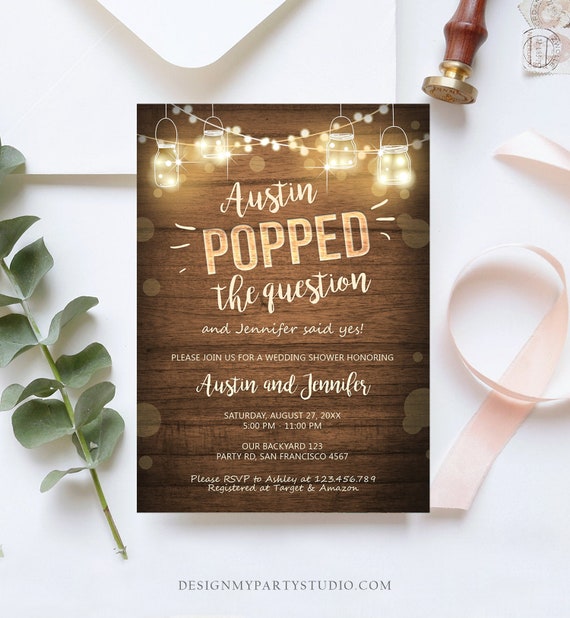 Editable Popped the Question Engagement Party Invitation Couples Shower Rustic Wood Lights Jars Download Corjl Template Printable 0015 Il_570xn