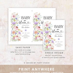 May include: Printable baby shower invitation featuring a floral design with butterflies and the text "Baby in Bloom". The invitation is available in two sizes: 8.5 x 11 inches for home printing or 5x7 inches for a print shop.