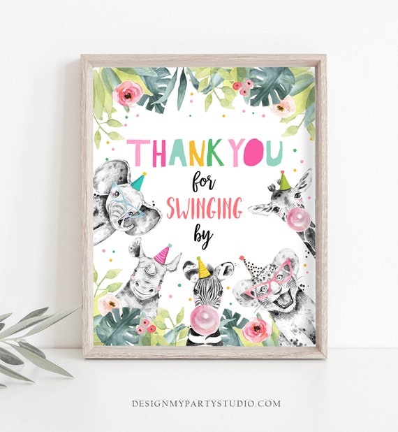 Thank You For Swinging By Birthday Sign Party For Coming Safari Animals Party Animals Zoo Girl Pink Decor Instant Download Printable 0322 Il_570xn