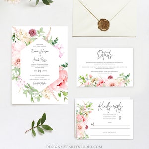 Editable Botanical Flowers Wedding Invitation Suite Set Watercolor Peony Pink Floral RSVP Details Boho Digital Corjl Template Printable 0167 image 2