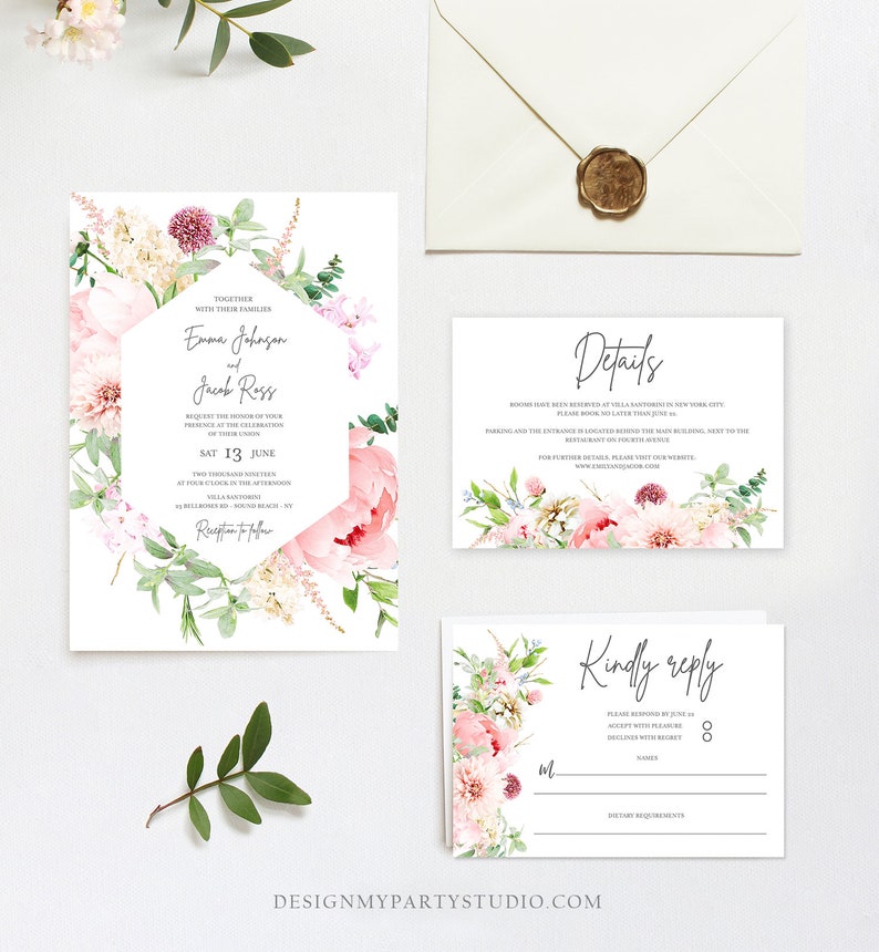 Editable Botanical Flowers Wedding Invitation Suite Set Watercolor Peony Pink Floral RSVP Details Boho Digital Corjl Template Printable 0167 image 2