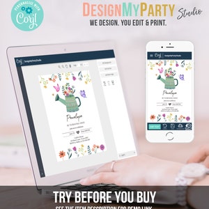 May include: A digital invitation template for a first birthday party. The design features a green watering can with colorful flowers and butterflies. The text on the invitation reads "Penelope is turning one".