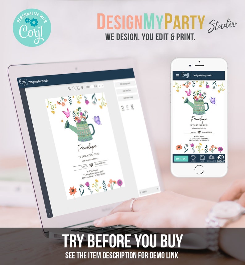May include: A digital invitation template for a first birthday party. The design features a green watering can with colorful flowers and butterflies. The text on the invitation reads "Penelope is turning one".