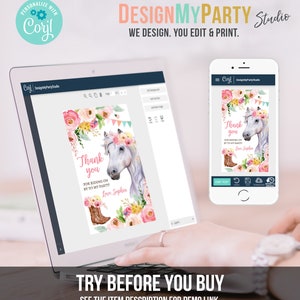 Puede incluir: Una plantilla de dise&ntilde;o digital para una tarjeta de agradecimiento con un caballo blanco con una diadema floral rosa y un borde floral rosa y blanco. El texto de la tarjeta dice "&iexcl;Gracias por pasar por mi fiesta! Con cari&ntilde;o, Sophia".