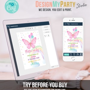 K&ouml;nnte beinhalten: Eine digitale Designvorlage f&uuml;r eine Geburtstagseinladung mit einem rosa Schmetterling mit Regenbogenfl&uuml;geln und Ballons. Der Text auf der Einladung lautet "Flutter on by for some birthday fun Olivia is turning one!"
