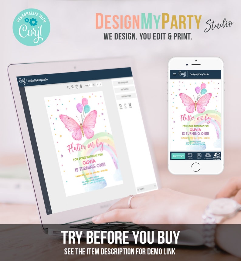 K&ouml;nnte beinhalten: Eine digitale Designvorlage f&uuml;r eine Geburtstagseinladung mit einem rosa Schmetterling mit Regenbogenfl&uuml;geln und Ballons. Der Text auf der Einladung lautet "Flutter on by for some birthday fun Olivia is turning one!"