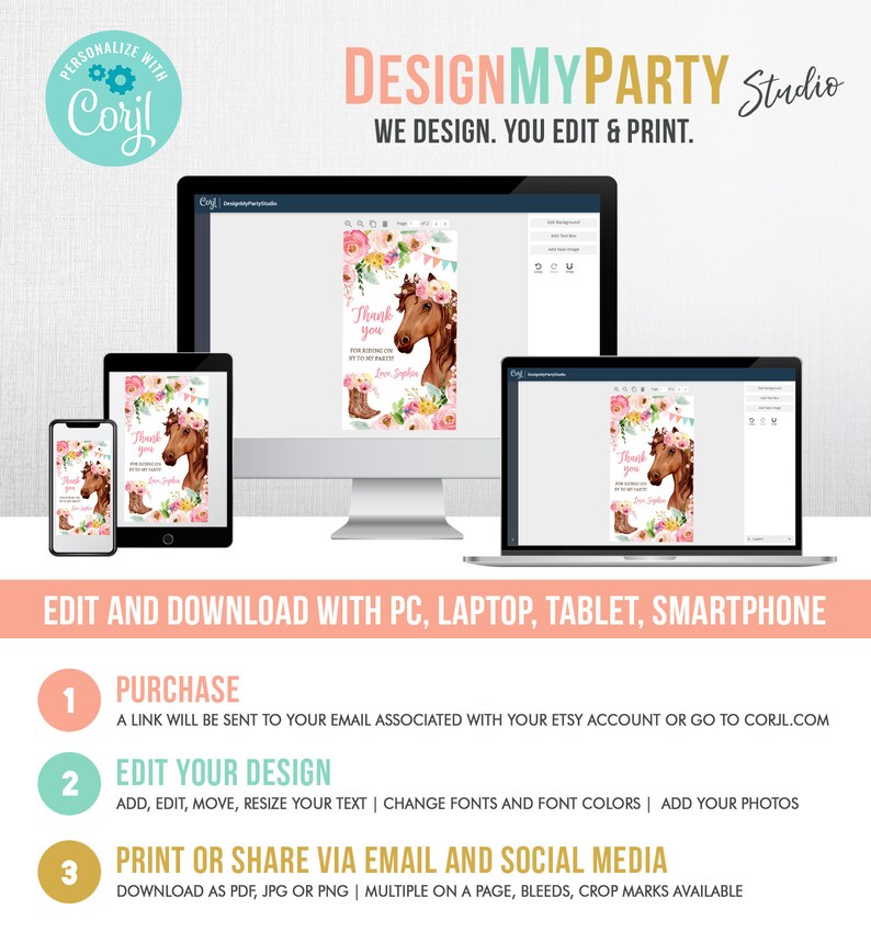 May include: Editable thank you card template featuring a brown horse with a pink floral headband and pink boots. The text on the card reads "Thank you for coming to my party! Love Sophia".