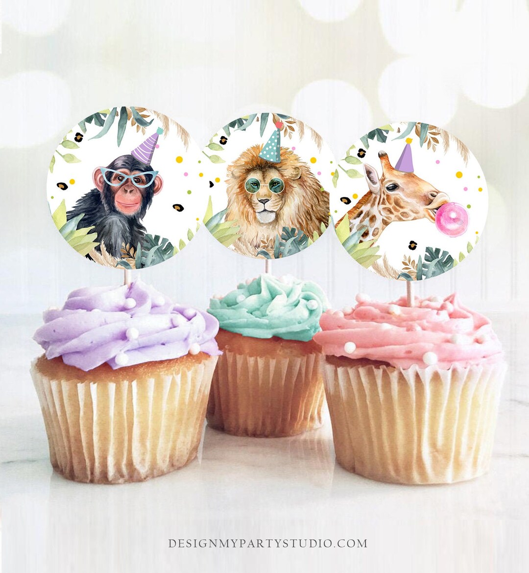 Party Animals Cupcake Toppers Favor Tags Birthday Party Decoration
