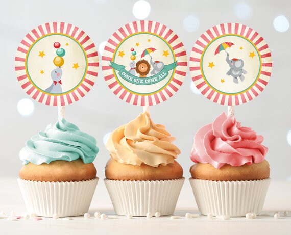 Circus Cupcake Toppers Favor Tags Birthday Party Decoration Vintage Circus Birthday Carnival Come One download Digital PRINTABLE 0013 Il_570xn