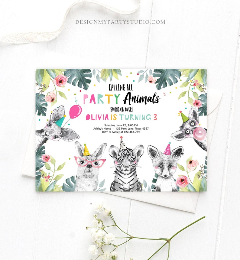 Editable Party Animals Birthday Invitation Exotic Wild Animals Invitation Zoo Safari Animals Girl Download Printable Template Corjl 0322 image 2