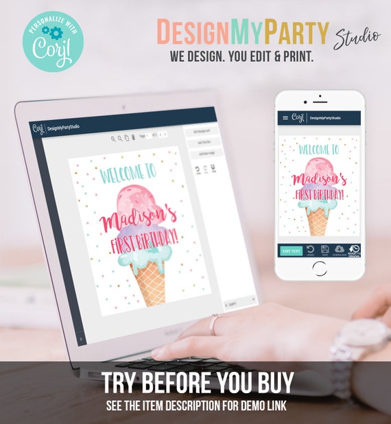 Corjl Editable Ice Cream Party Welcome Sign Instant Download Summer Party 1st Birthday Party Ice Cream Social Printable Sign ICBP