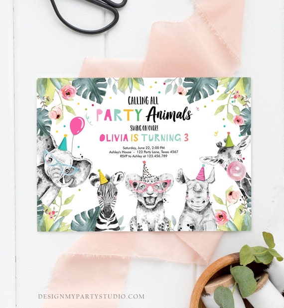Editable Party Animals Birthday Invitation Wild One Animals Invitation