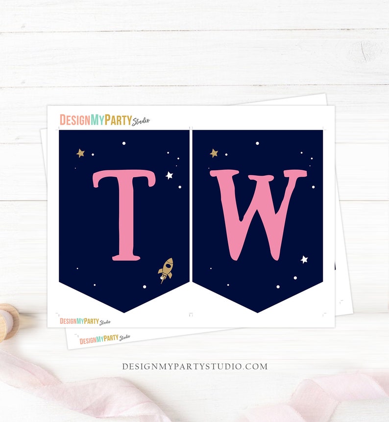 Outer Space Planets High Chair Banner Galaxy Girl 2nd Birthday Pink High Chair Banner TWO the Moon Space Party Decor PRINTABLE Digital 0357 image 2