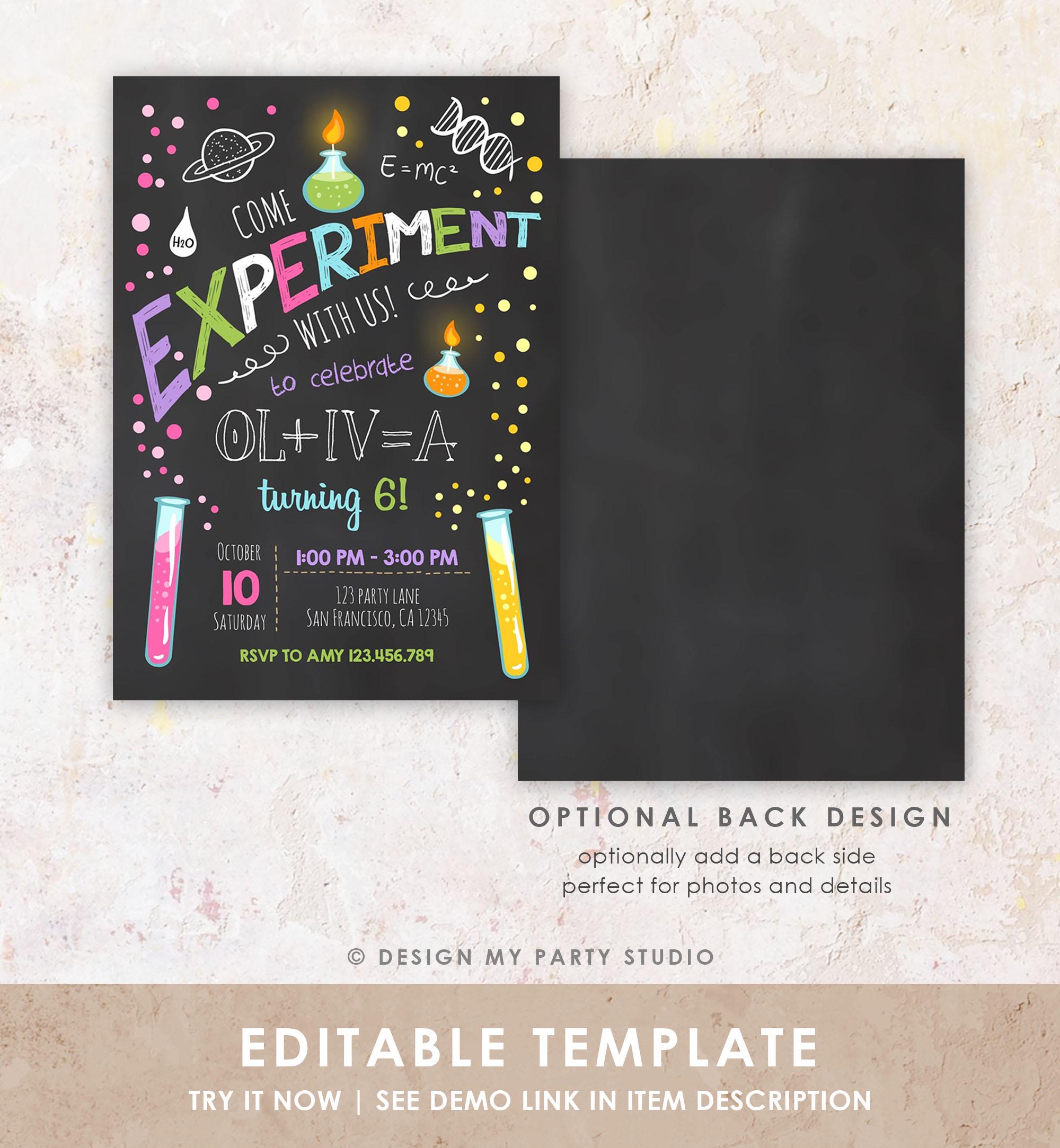 Editable Science Experiment Birthday Invitation Girl Science Party Mad ...