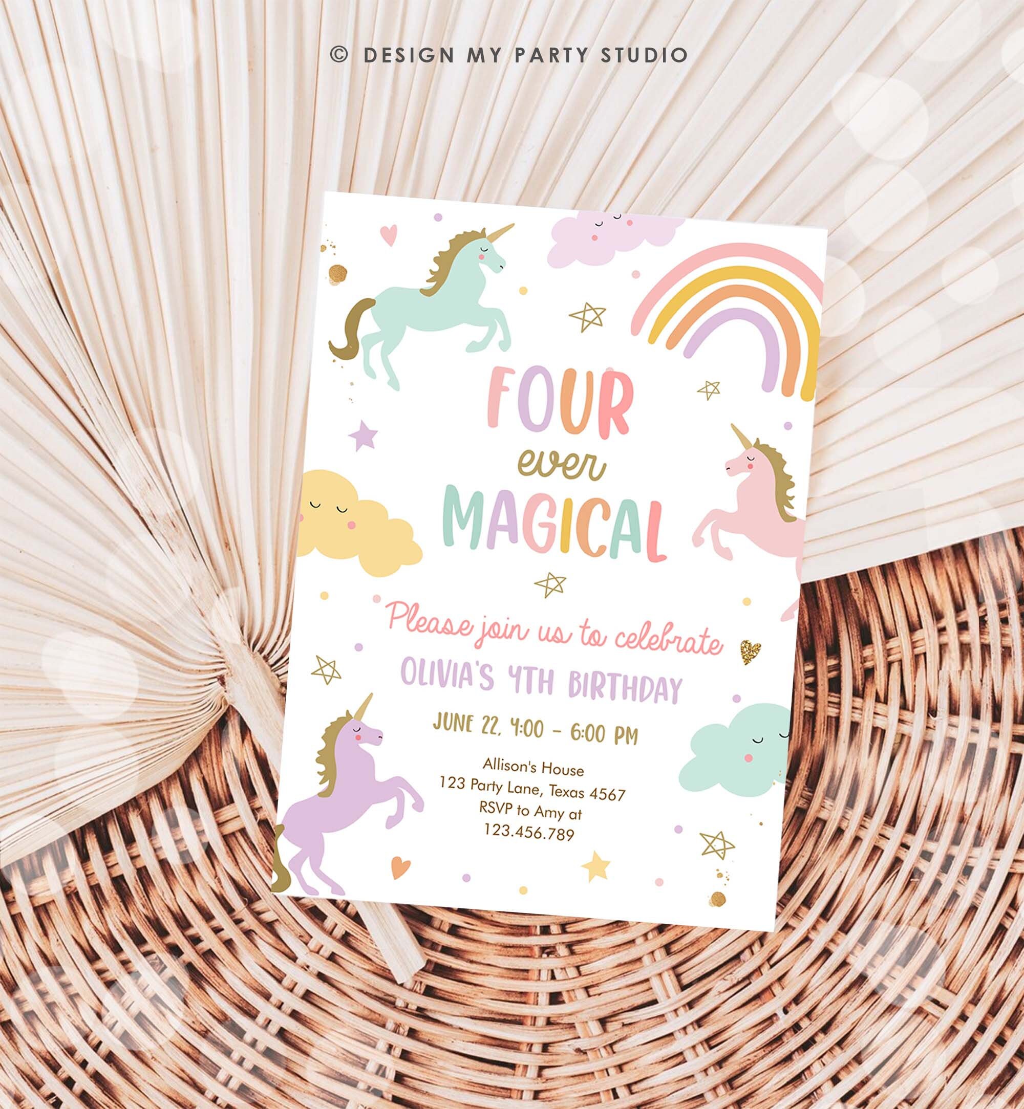 Editable Unicorn 4th Birthday Invitation Four Ever Magical Party Invite ...
