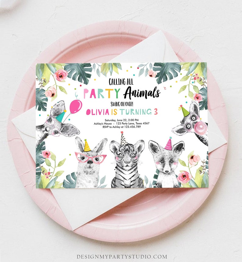 Editable Party Animals Birthday Invitation Exotic Wild Animals Invitation Zoo Safari Animals Girl Download Printable Template Corjl 0322 image 3